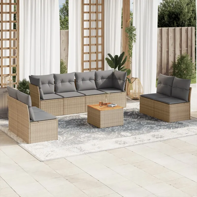 vidaXL Soffgrupp för trädgård med dynor 9 delar mixbeige konstrotting (#8839)
