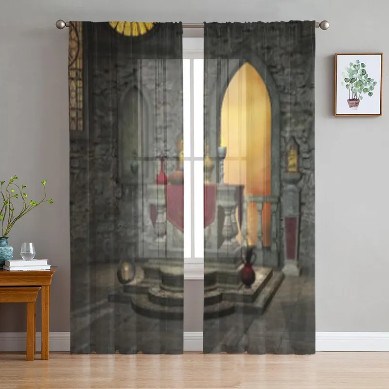 Antikk Alter Tyll Gjennomsiktige Gardiner for Stuedekorasjon Gardin for Rommet Soverom Kjøkken Voile Organza Gardiner 135W x 114H(cm) (#9239)