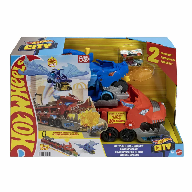 Hot Wheels City Ultimate Dual Dragon Transporter och 2 leksaksbilar i skala 1:64