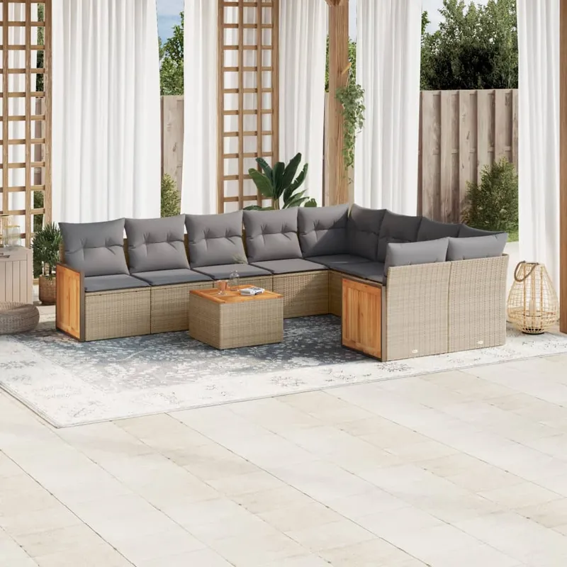 vidaXL Soffgrupp för trädgård med dynor 10 delar beige konstrotting (#9570)