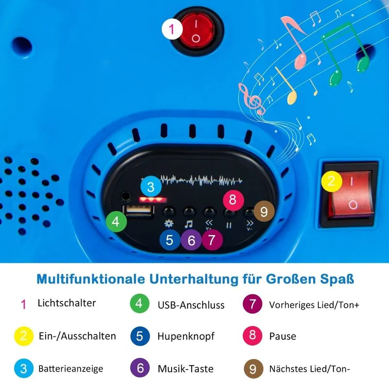 6V barnbil 360 graders rotation med musik och färgglada LED-lampor blå