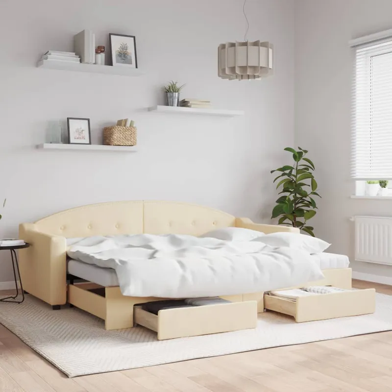 vidaXL Dagbädd utdragbar med lådor gräddvit 80×200 cm tyg (#9399)