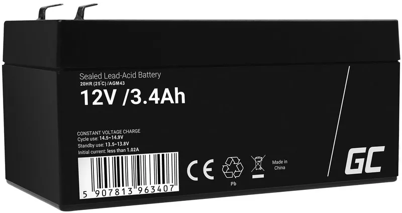 Green Cell AGM VRLA 12V 3,4Ah batteri för larm, kassaregister, leksaker