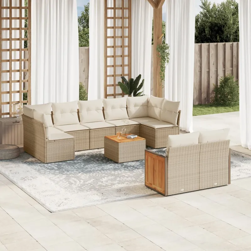 vidaXL Soffgrupp för trädgård med dynor 10 delar beige konstrotting (#9426)