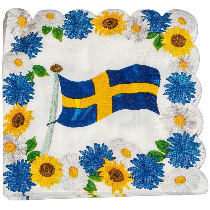 Servetter med Blommor och Svenska Flaggan