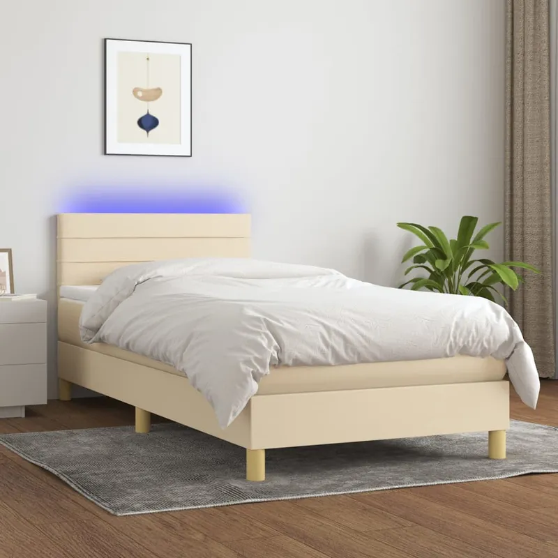 vidaXL Ramsäng med madrass & LED gräddvit 100×200 cm tyg (#3025)