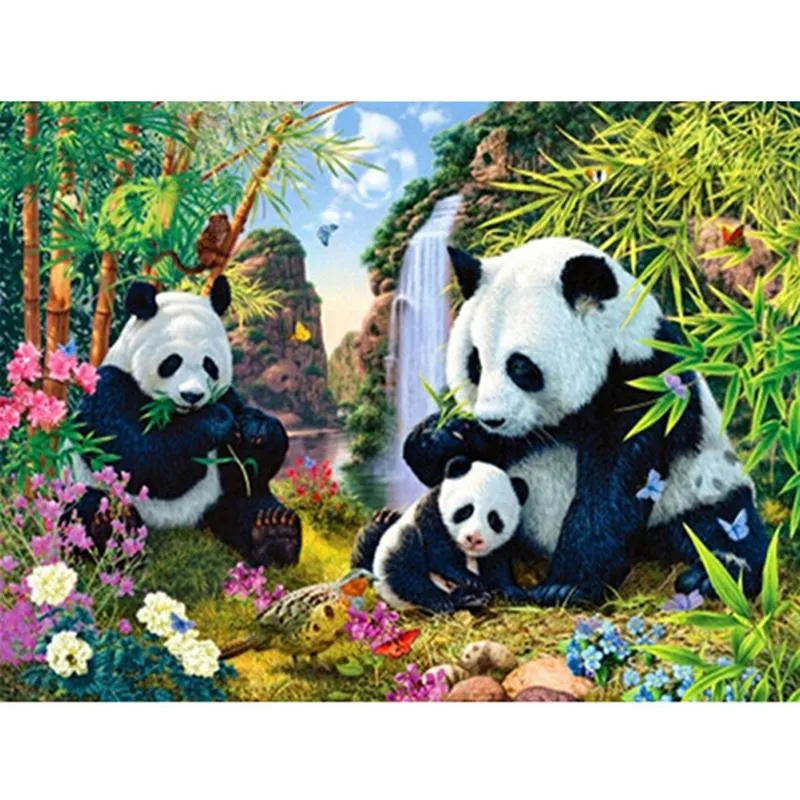 5D gör-det-själv-diamant korsstygn panda familj med bambu diamant broderi full rund diamant 20X30CM