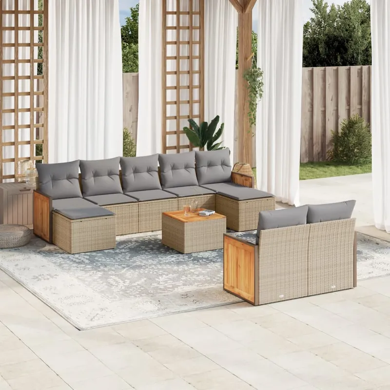 vidaXL Soffgrupp för trädgård med dynor 10 delar beige konstrotting (#0552)