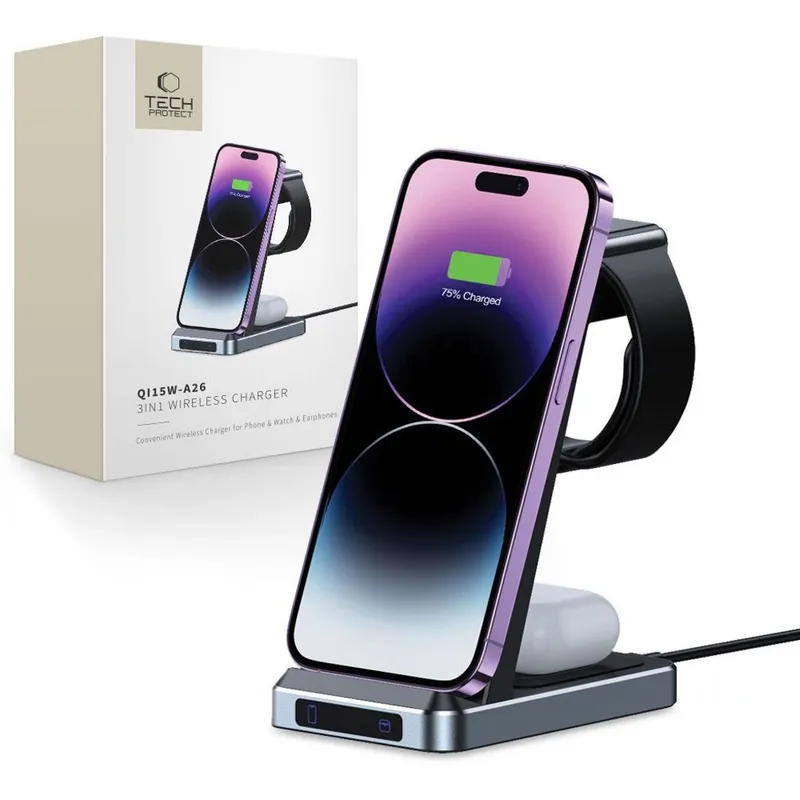 Tech-Protect QI15W-A26 Inductive Charger 15W 3in1 for Smartphone / Headphones / Apple Watch - Black