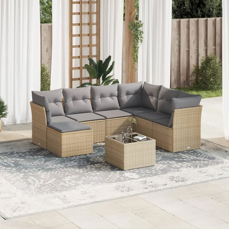 vidaXL Matgrupp för trädgården med dynor 8 delar beige konstrotting (#6000)