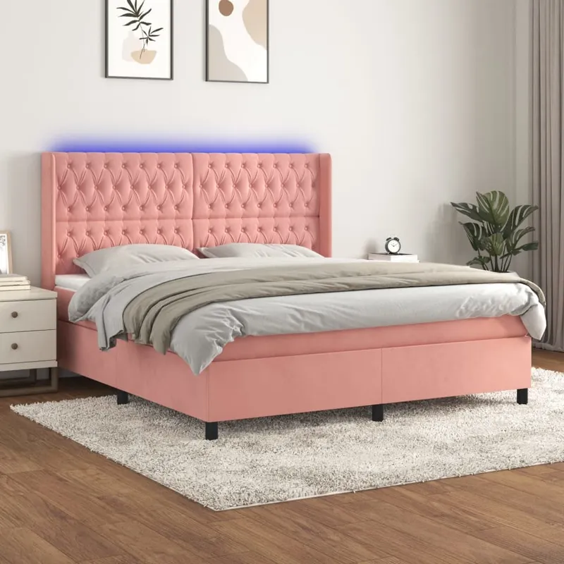 vidaXL Ramsäng med madrass rosa & LED 160×200 cm sammet (#3651)