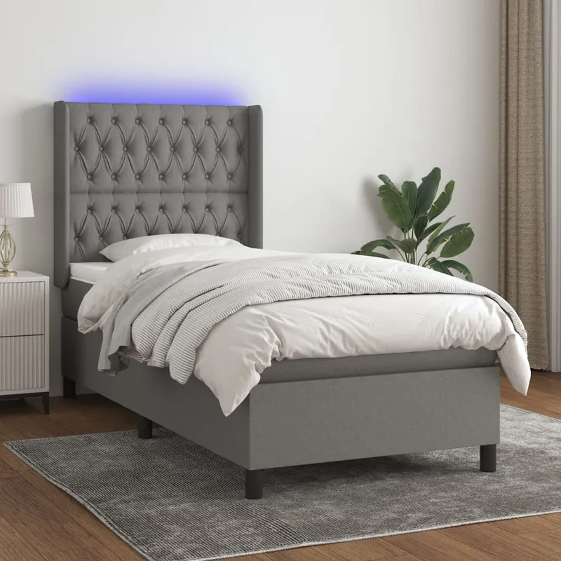 vidaXL Ramsäng med madrass & LED mörkgrå 90×190 cm tyg (#1276)