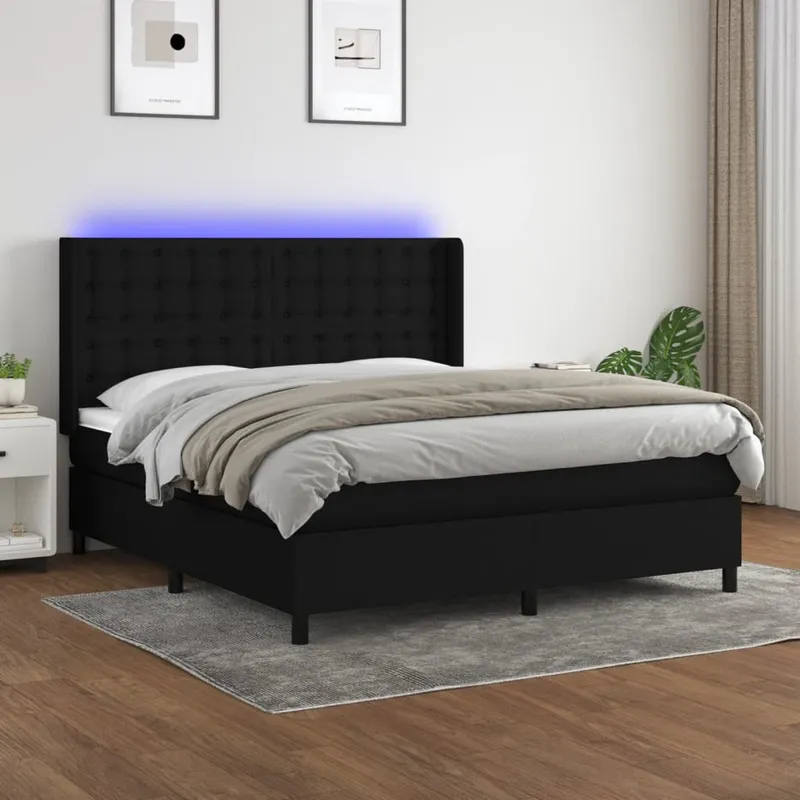 vidaXL Ramsäng med madrass & LED svart 160×200 cm tyg (#2563)