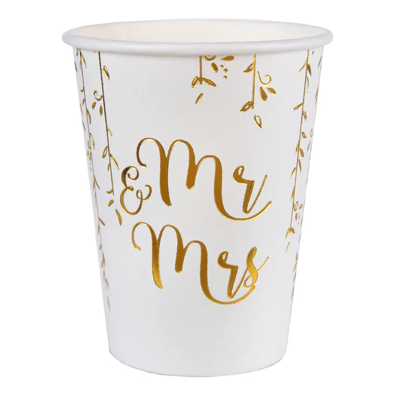 Pappersmuggar Mr & Mrs Vit/Guld – 10-pack
