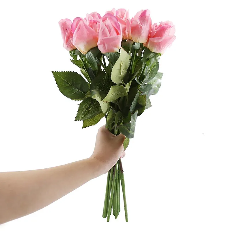 10st verkliga som konstgjorda rosor knopp Latex Real Touch Bukett Blommor Bröllop Hemdekorationer 10pcs rosa
