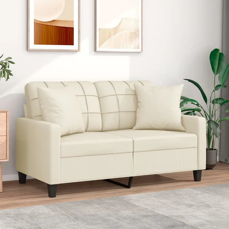 vidaXL 2-sits soffa med prydnadskuddar gräddvit 120 cm konstläder (#7661)