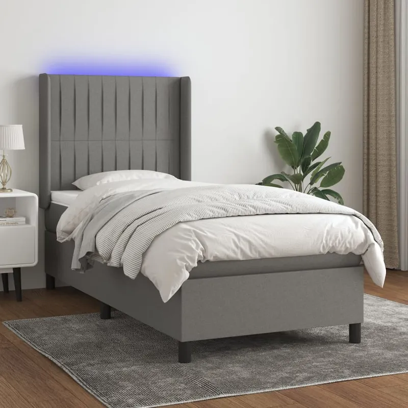 vidaXL Ramsäng med madrass & LED mörkgrå 90×200 cm tyg (#0552)