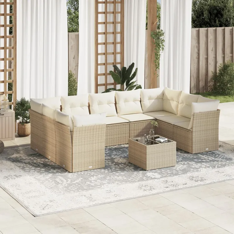 vidaXL Soffgrupp för trädgård med dynor 10 delar beige konstrotting (#9521)