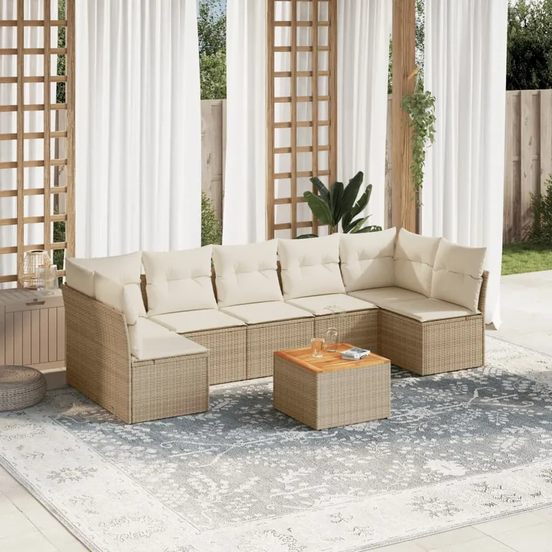 vidaXL Matgrupp för trädgården med dynor 8 delar beige konstrotting (#8754)