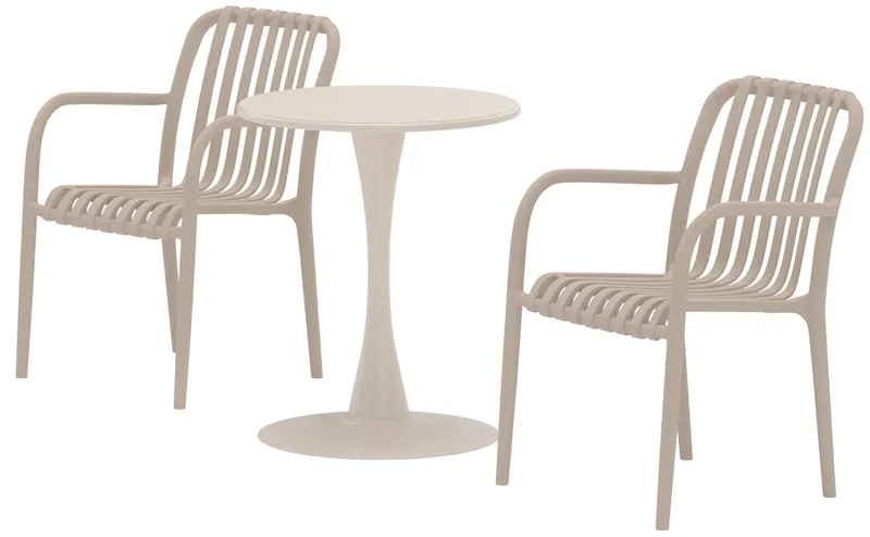 VENTURE HOME Limnos utomhuskafégrupp, med 1 bord och 2 stolar – beige polypropen och stål