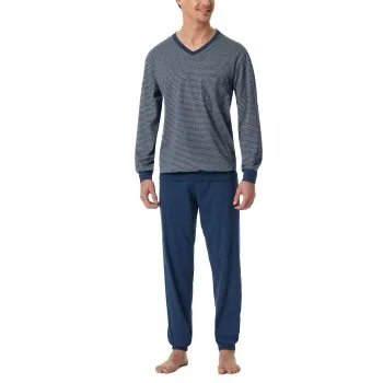 Schiesser Comfort Essentials V-Neck Long Pyjamas Blå bomull Large Herr