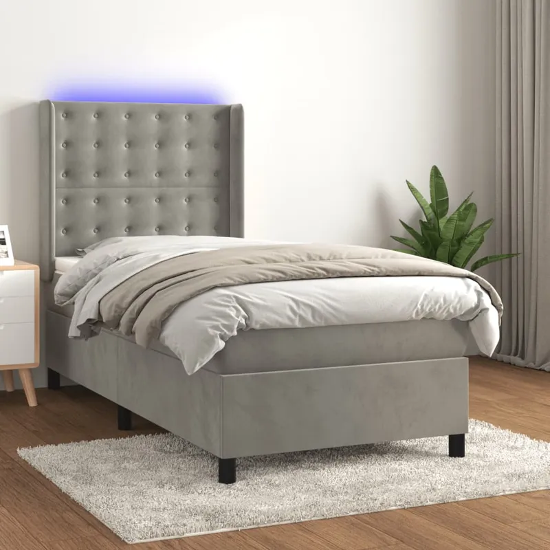 vidaXL Ramsäng med madrass & LED ljusgrå 90×200 cm sammet (#3903)