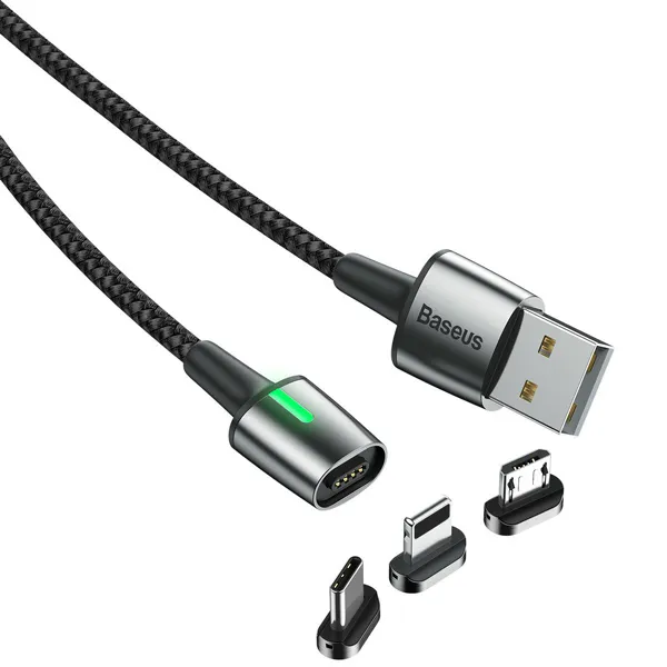 Magnetisk Zink-kabel kit 3 in 1 (Lightning+Type-C+Micro)1.5/2A 2m Svart