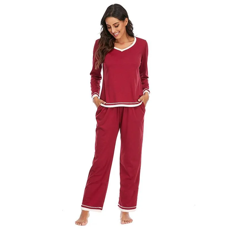 Høst Ny Pyjamassett Langermet Bukser Todelt Hjemmeklær Fritidsklær Ensfarget Dame Løstsittende Nattøy 2XL Rød