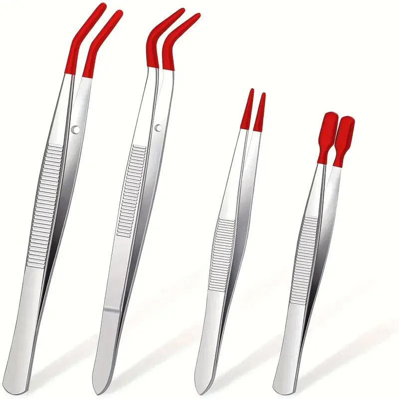 4 st/set Pincetter i rostfritt stål med gummispetsar Pincetter PVC-belagda Icke-repor Platta spetsar Böjda spetsar röd