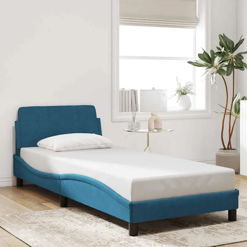 vidaXL Sängram med huvudgavel Dover blå 90×200 cm sammet