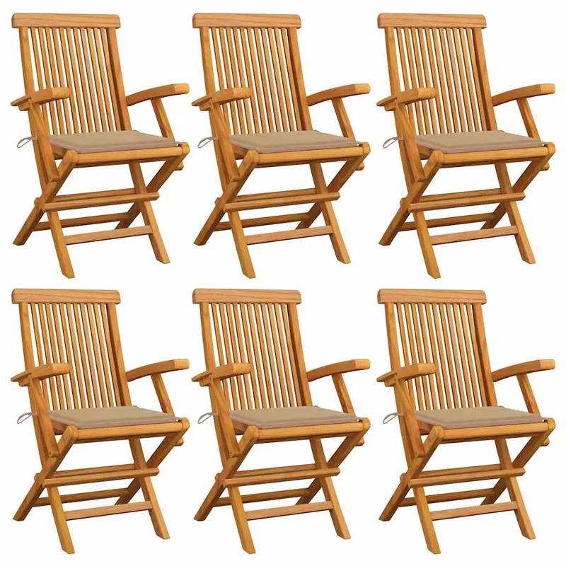 vidaXL Hopfällbara stolar med beige dynor 6 st massivt teakträ