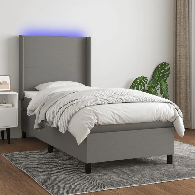 vidaXL Ramsäng med madrass & LED mörkgrå 90×200 cm tyg (#7354)