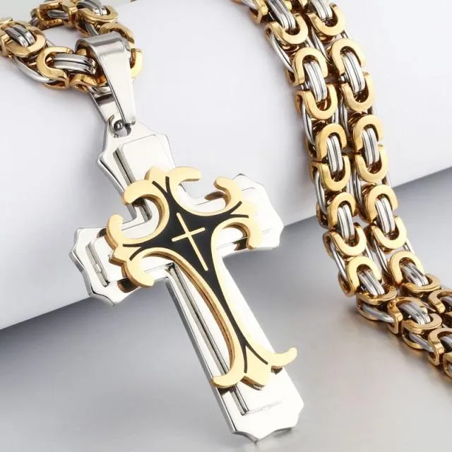 Heavy Duty Cross Pendant Halsband Herr Guld Rostfritt Stål Bysantinsk Kedja Herr Halsband 65cm (#7107)