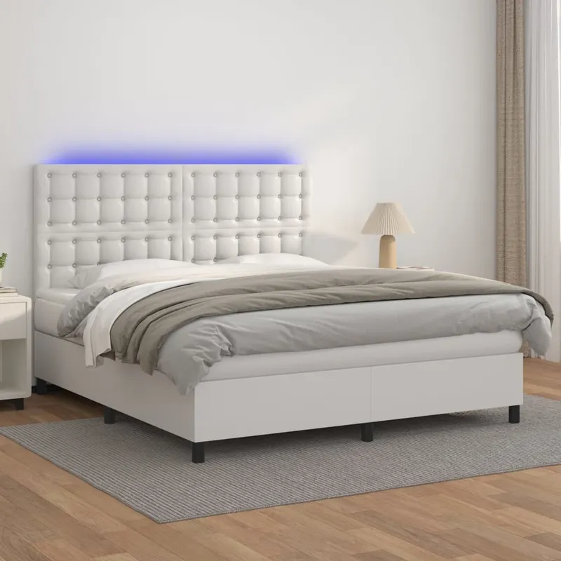 vidaXL Ramsäng med madrass & LED vit 180×200 cm konstläder