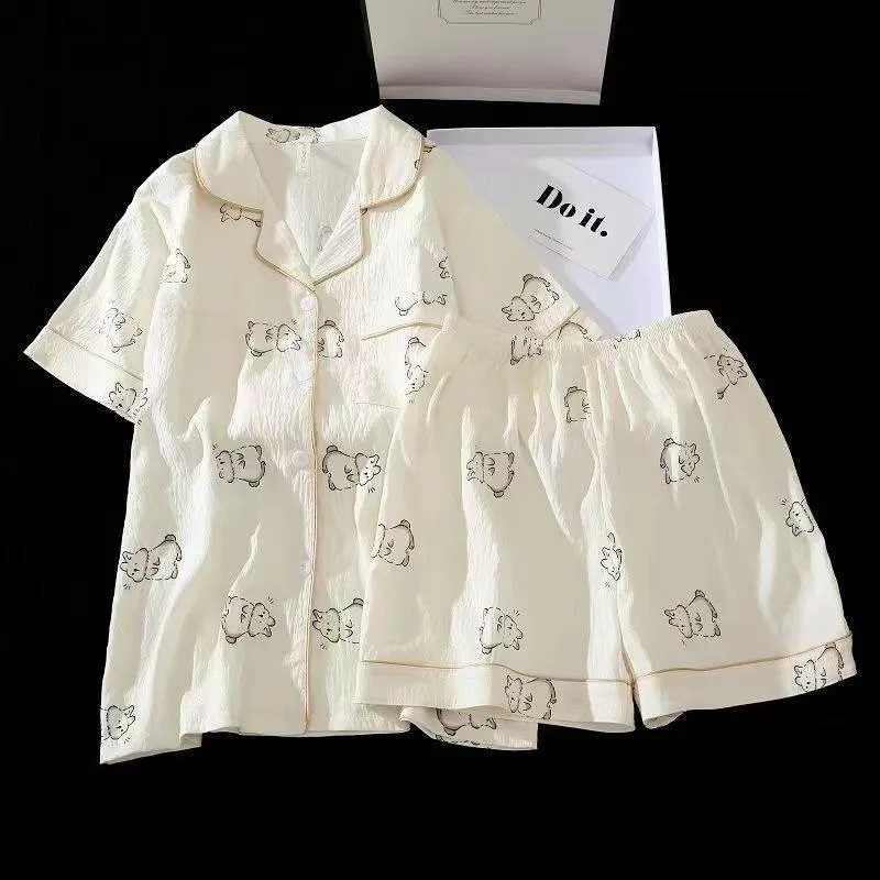 Damespyjamas Sommer Kort Ermet Nattøysett Tegneserie Søt Bjørn Trykket Pyjamas Dame Volang Hjemmenattøy Sett Cardigan XXL (#4358)