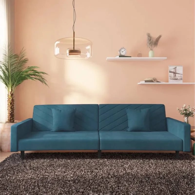 vidaXL Bäddsoffa 2-sits med två kuddar blå sammet