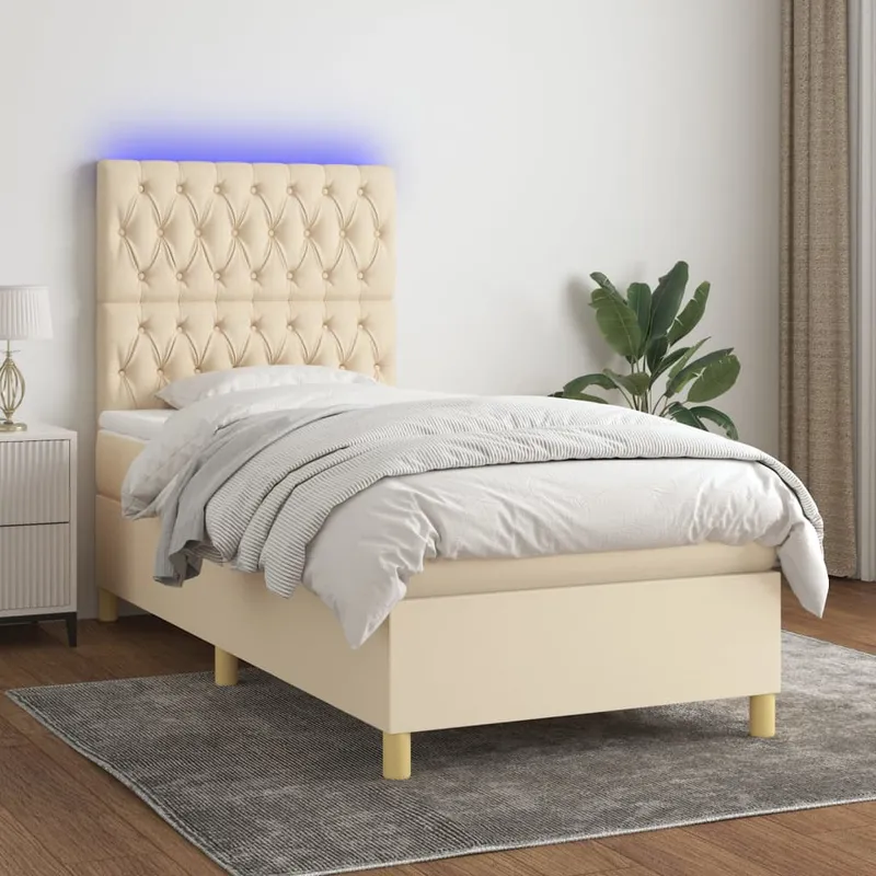 vidaXL Ramsäng med madrass & LED gräddvit 100×200 cm tyg (#1821)