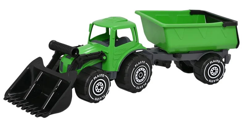 Plasto Traktor Med Fronlastare Och Släp, Grön/Svart