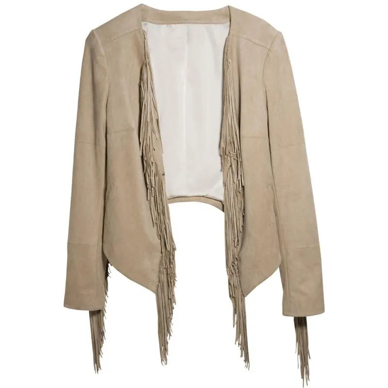 Kort semsket skinnjakke med frynser punkjakke for kvinner 3XL beige