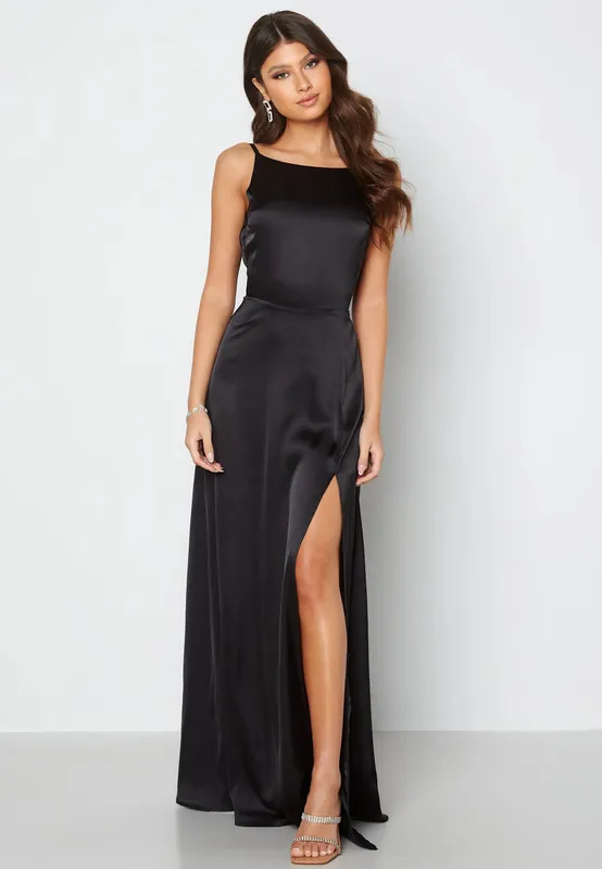 Drapy-Back Slit Satin Gown (#9179)
