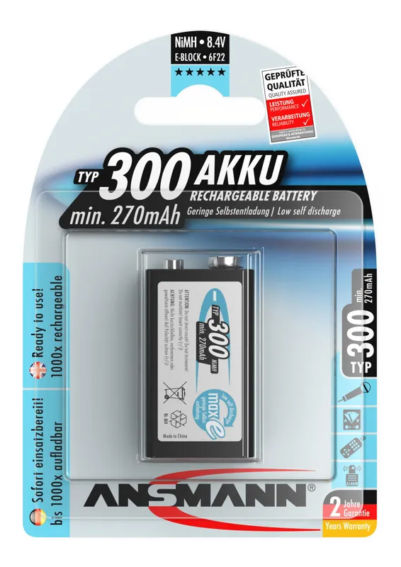 Ansmann 5035453 Batteri laddningsbart, E-Block/8,4 V, 9V, NiMH