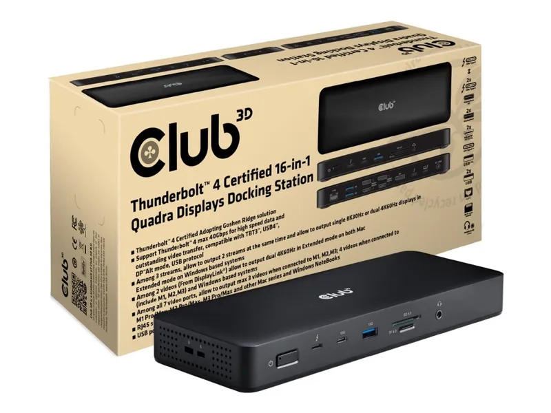 Club 3D 16-in-1 – Dockningsstation – för bordsdator, laptop – USB-C / USB4 / Thunderbolt 3 / Thunderbolt 4 – USB-C – 2 x Thunderbolt 4, 3 x DP, 2 x HDMI – 2.5GbE – 150 Watt