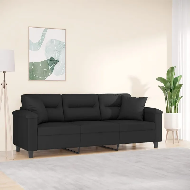 vidaXL 3-sitssoffa med prydnadskuddar svart 180 cm mikrofibertyg