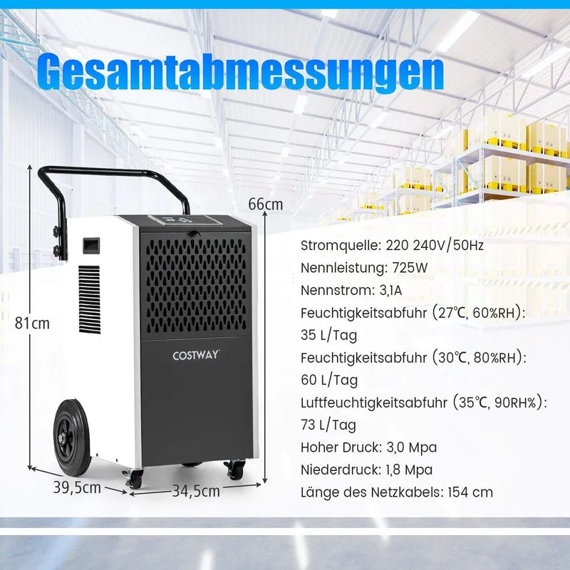 Industriell avfuktare - 73L/dag, automatisk dränering och timer