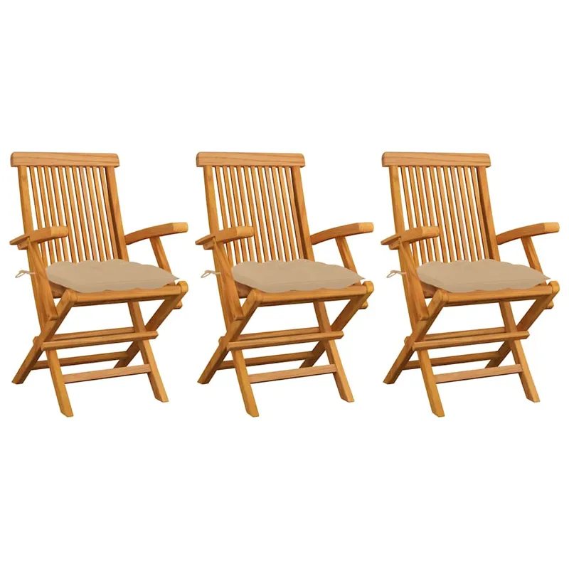 vidaXL Hopfällbara stolar med beige dynor 3 st massivt teakträ