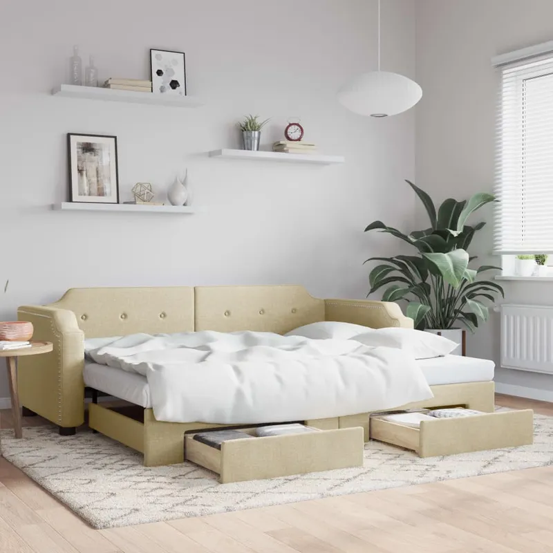 vidaXL Dagbädd utdragbar med lådor gräddvit 80×200 cm tyg (#0432)
