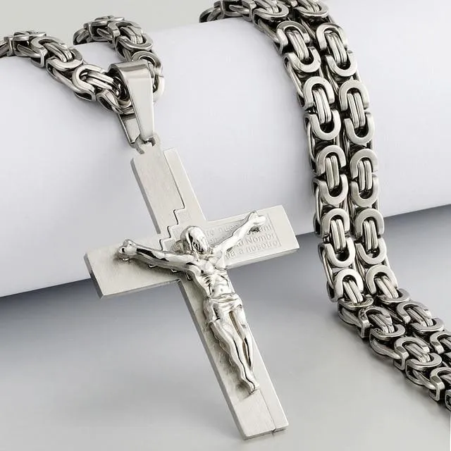 Heavy Duty Cross Pendant Halsband Herr Guld Rostfritt Stål Bysantinsk Kedja Herr Halsband 65cm (#6711)