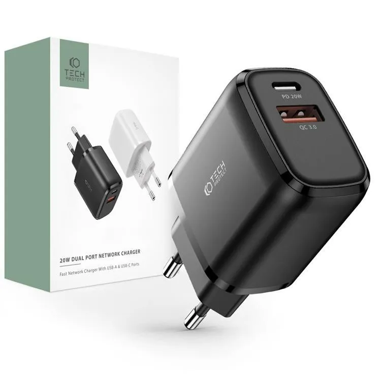 Tech-Protect C20W USB-C PD 20W / USB-A QC 3.0 Mains Charger - Black