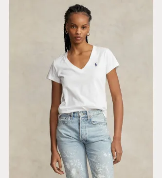 Polo Ralph Lauren för kvinnor. 211B14611007 Vit T-shirt med V-ringning (S), Casual, Bomull, Kort ärm