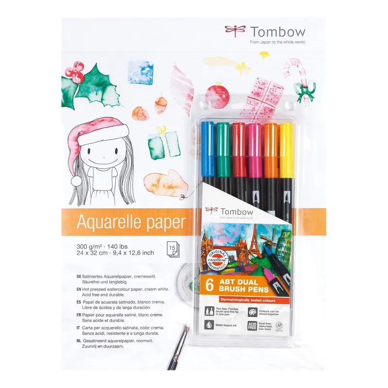 TombowKomplett set med akvarellblock och 6 brush dubbel spets pennor ABT-6P-3